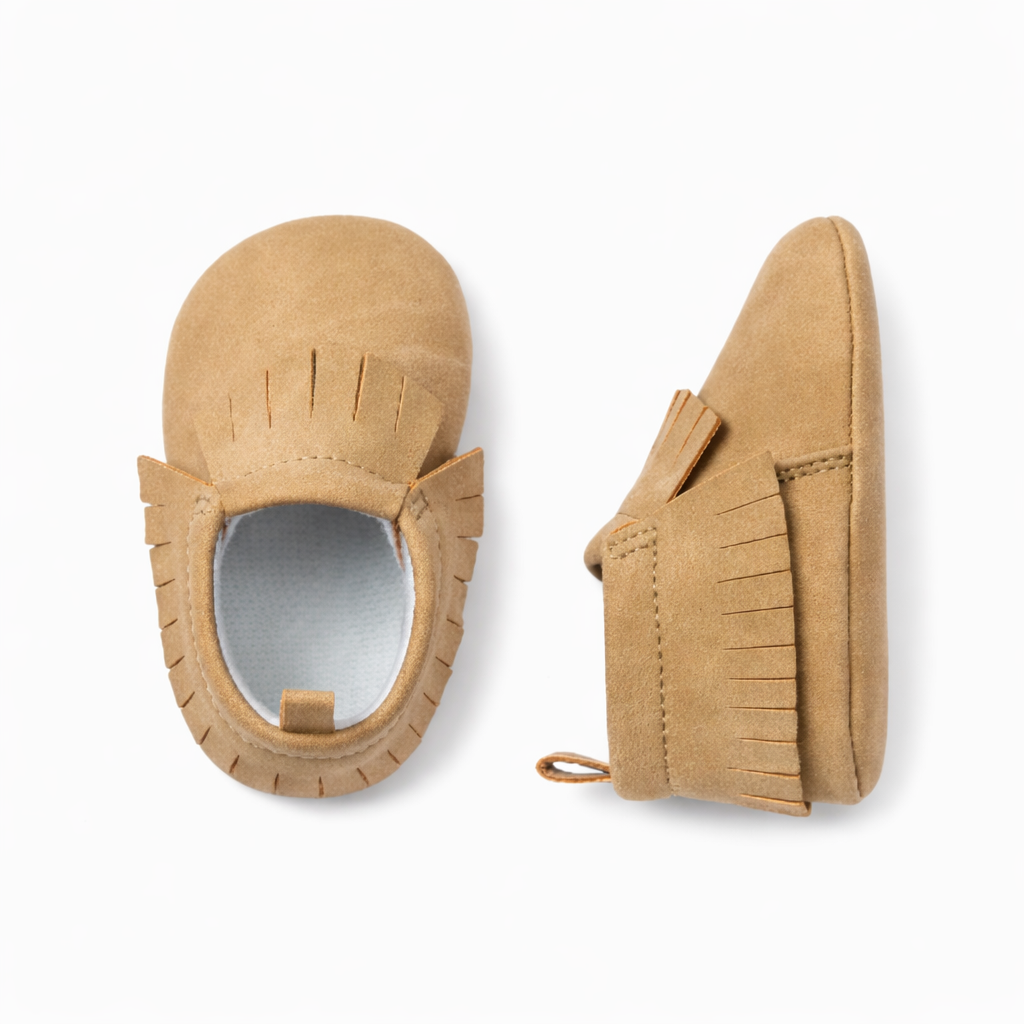 Tan Faux Leather Fring Shoes حذاء مواليد لون بيج