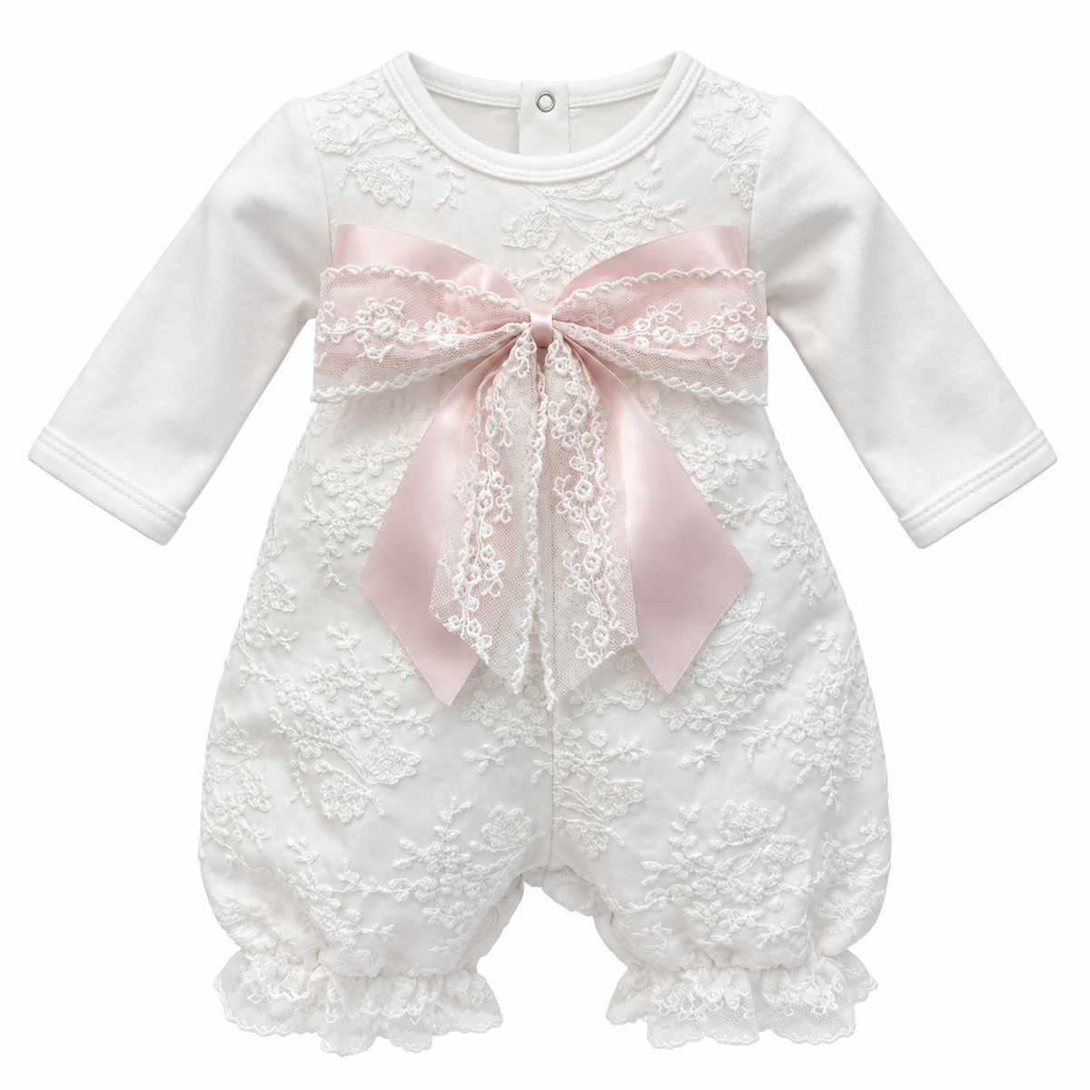 Ivory L/S pink bow lace romper طقم مواليد