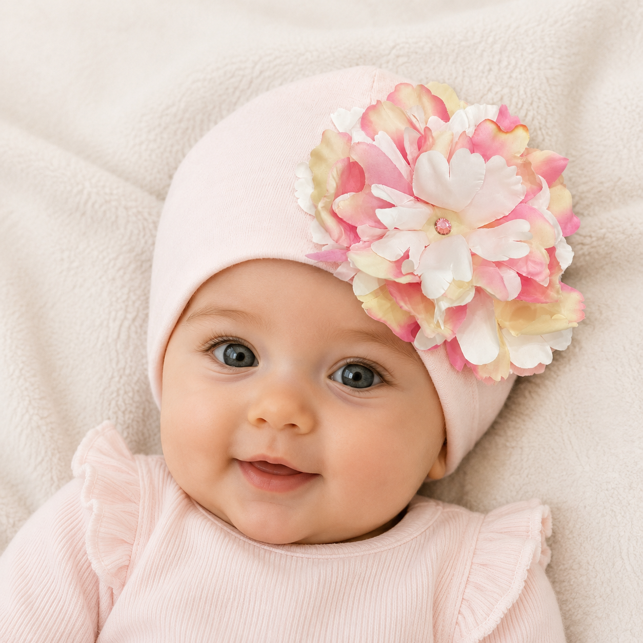 Pink Cotton Hat with Pink White Large Peony