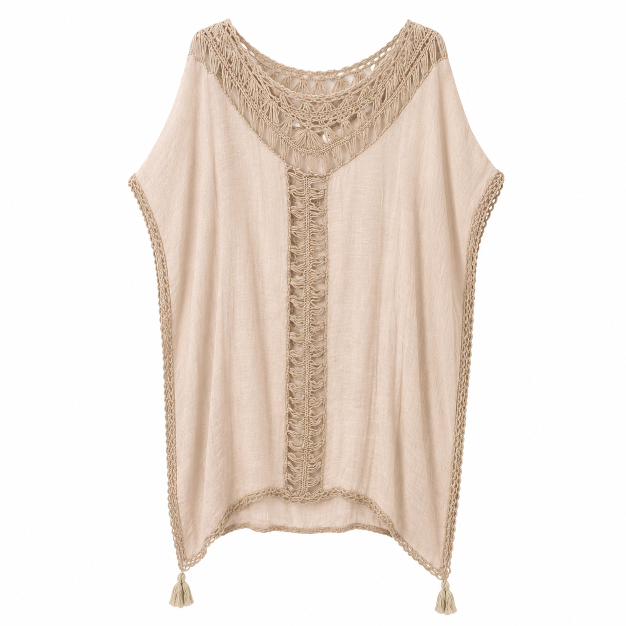 Crochet V -Neck Cover Up Biege فستان لون بيج