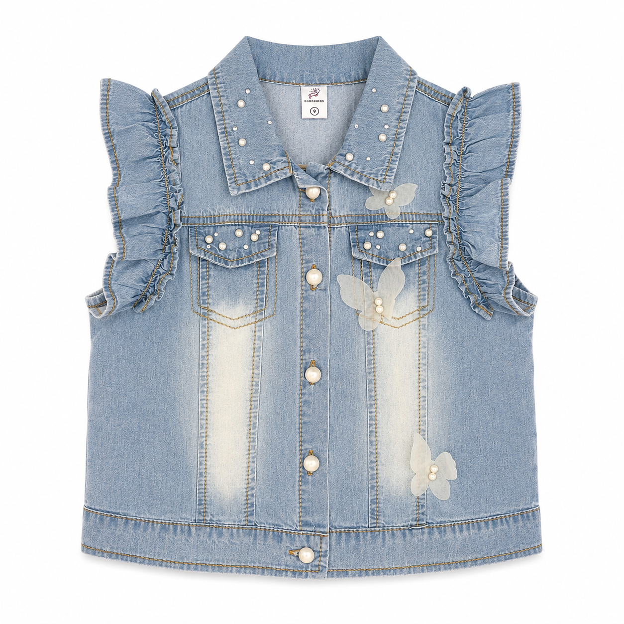 Pearl Detail Sleeveless Denim Vest