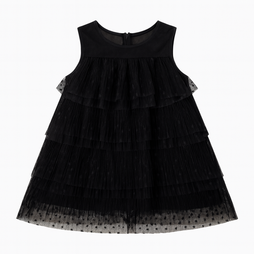 Black S/L Dotted Tier Dress فستان لون أسود