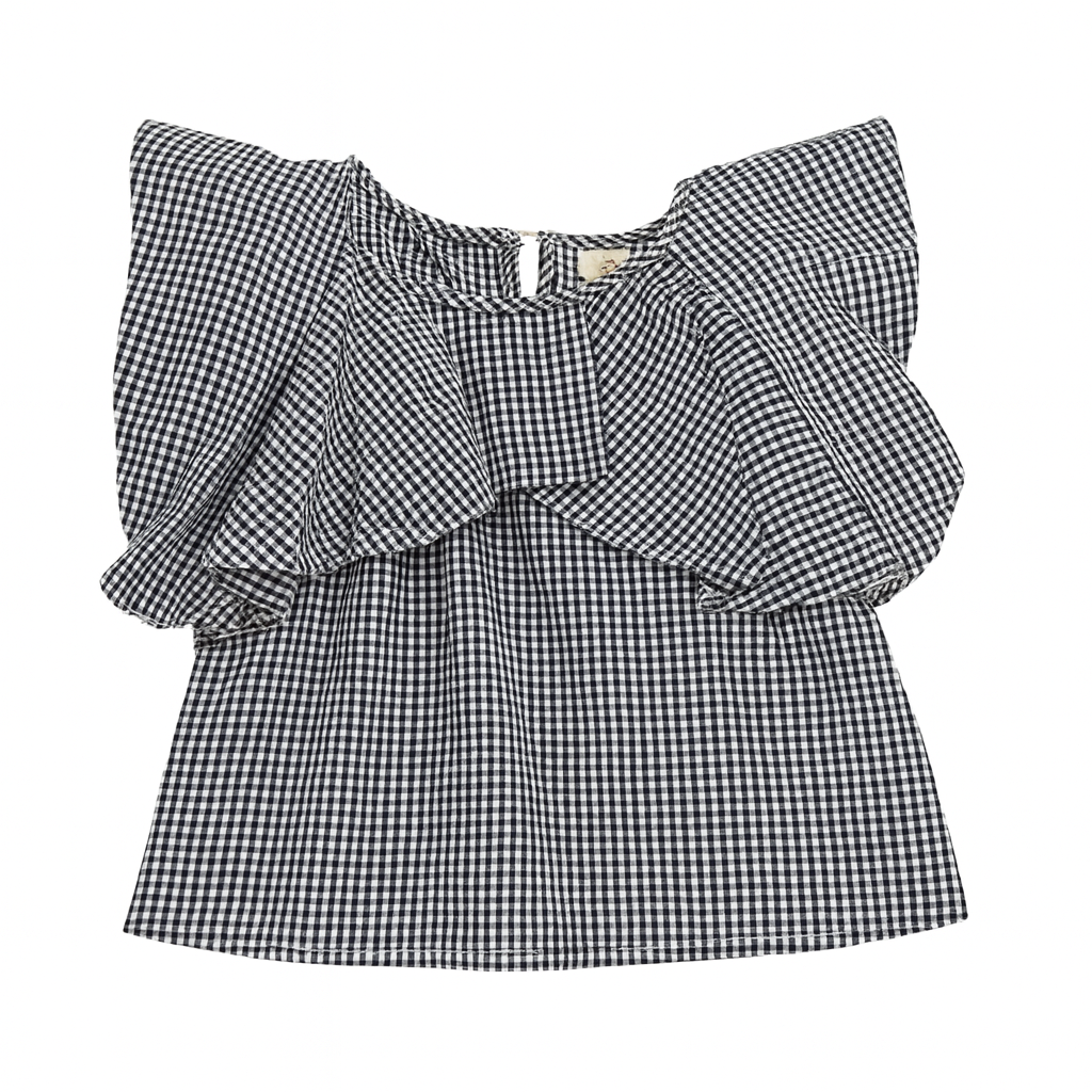 Black Slvls Rose Putt Ruffle Cheacked Top بلوزة لون أسود و أبيض
