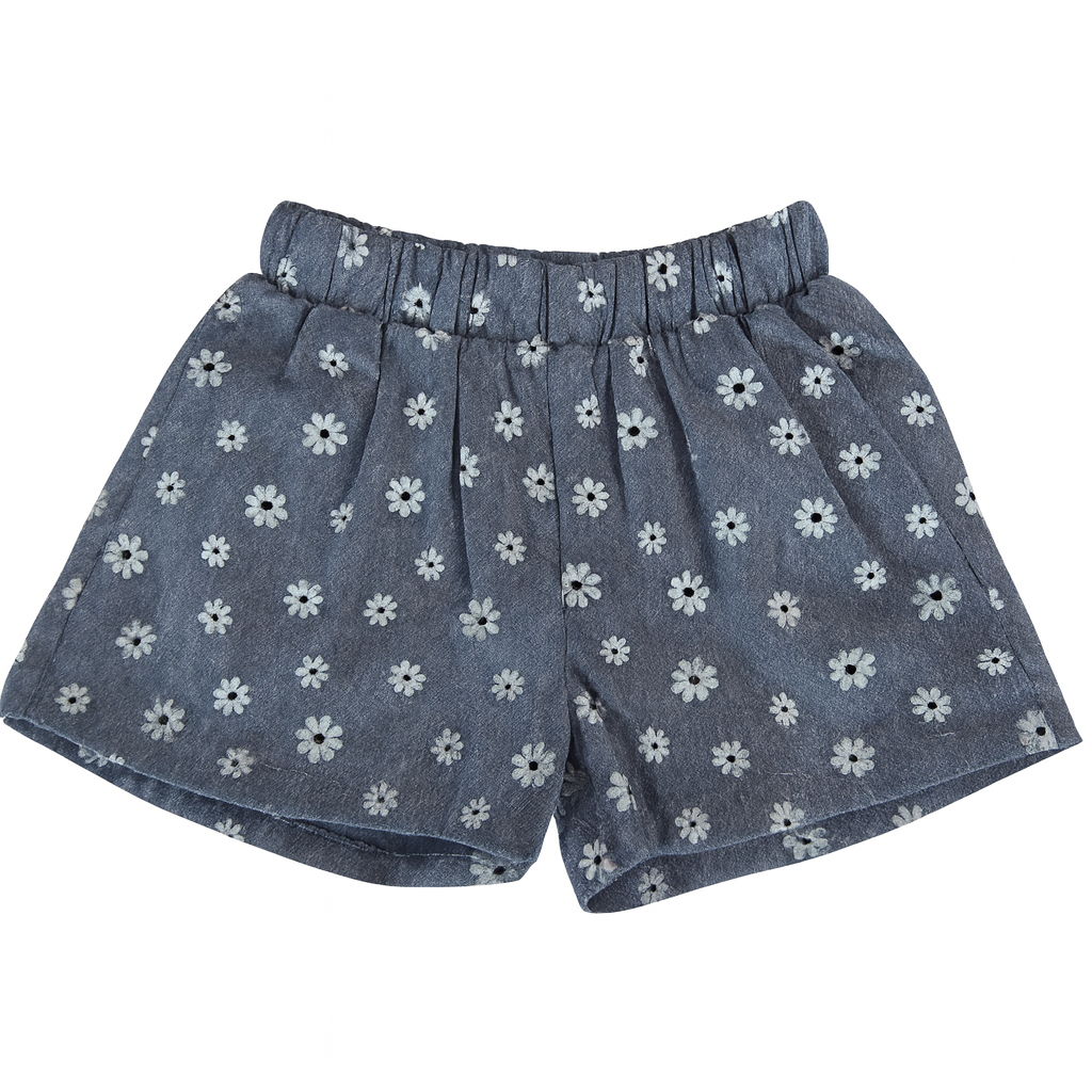 Blue Elastic Waist Daisy Print Shortشورت جينز مع طبعات ورد