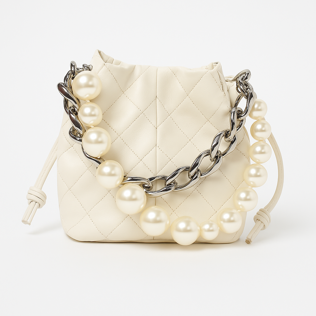 White Pearl Handle Quilted Bucket Bag حقيبة لون أبيض