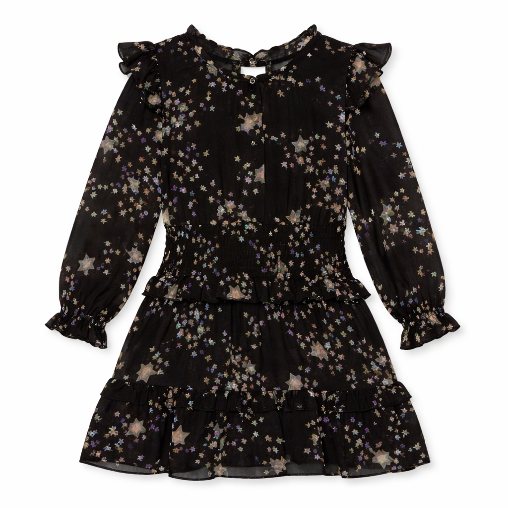 BLACK L/S STAR PRINTED DRESS فستان أسود