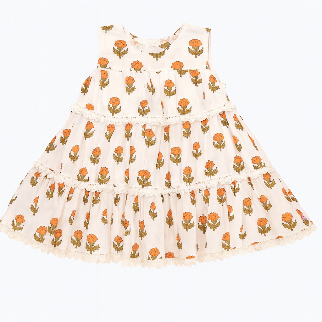 Girls Daphne Dress -Small Orange Bud فستان مع نقشة