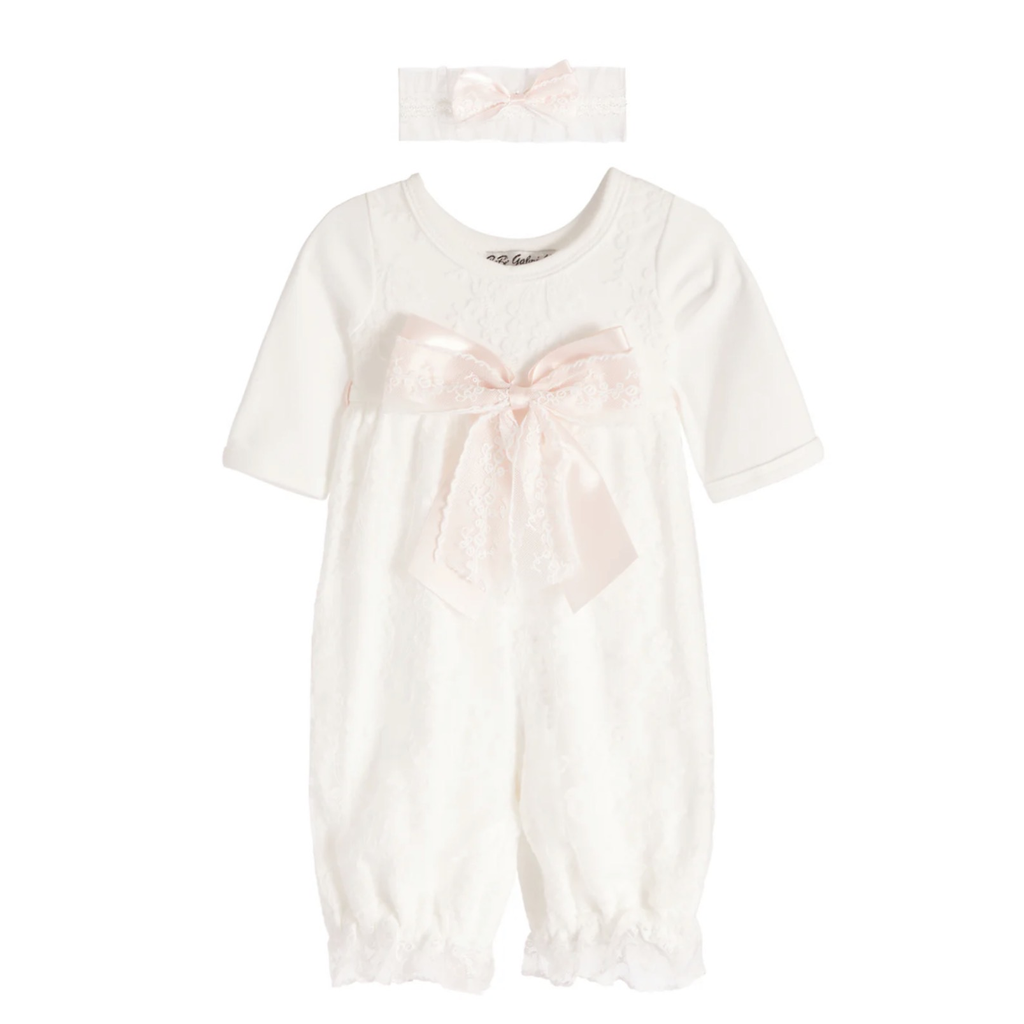 Ivory L/S pink bow lace romper طقم مواليد