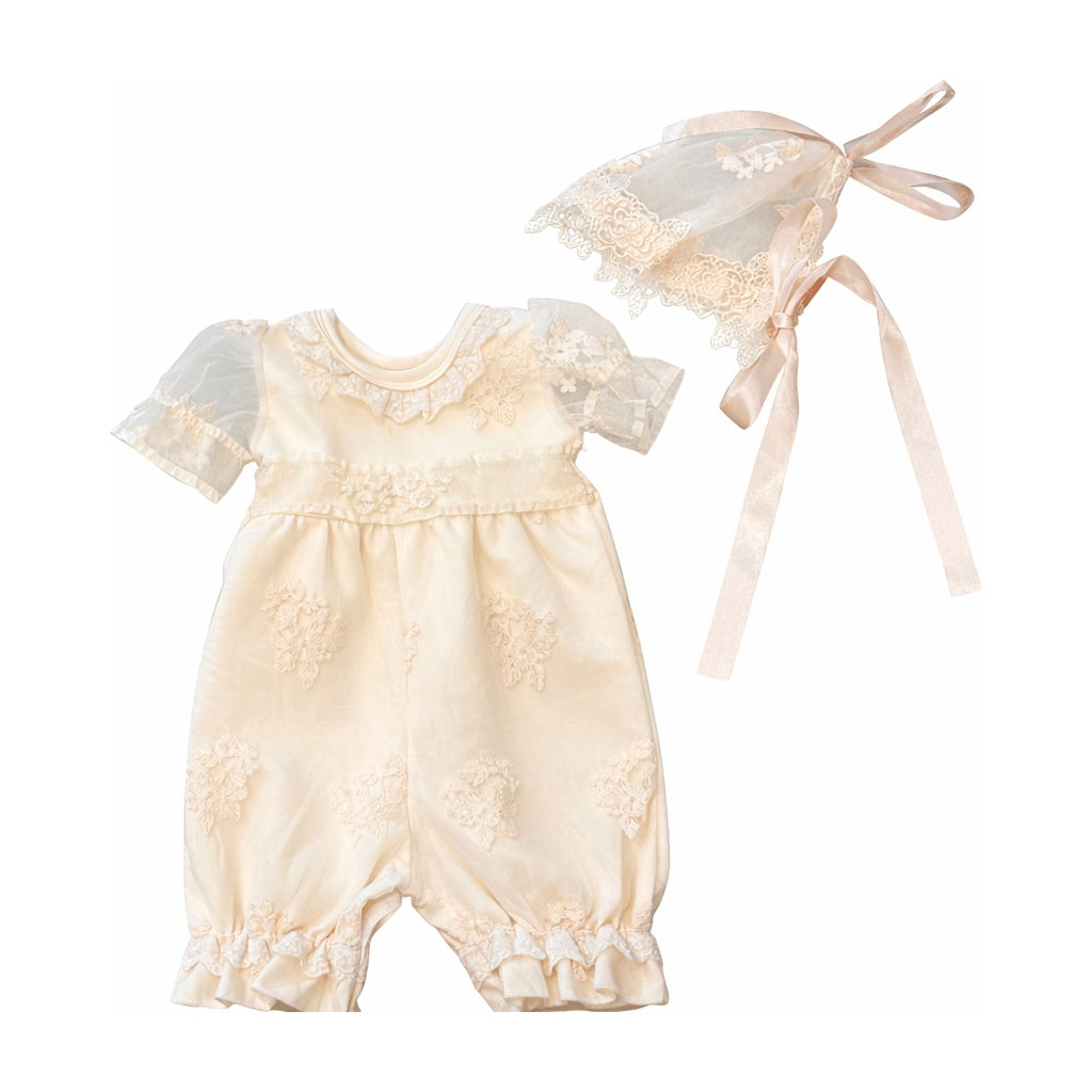Ivory Cream color lace romper s/s طقم مواليد