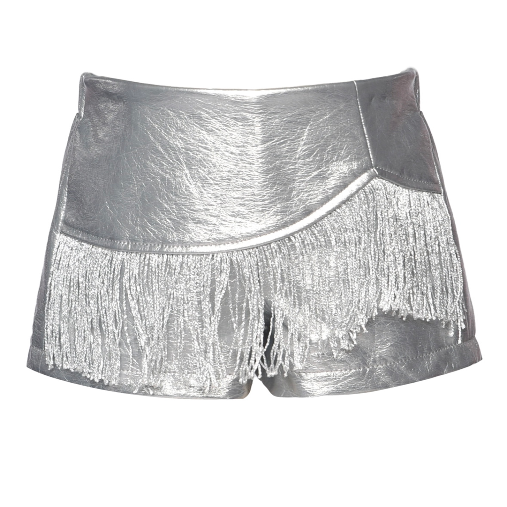 SILVER FAUX LEATHER METALLIC SHORT w/ FRINGE BACK شورت لون فضي