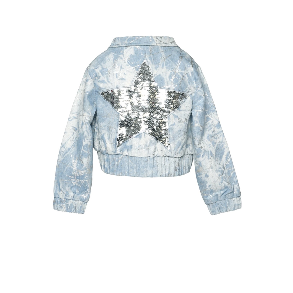 BLUE METALLIC PRINT DENIM BOMBER JACKET w/ SEQUIN جاكيت جينز