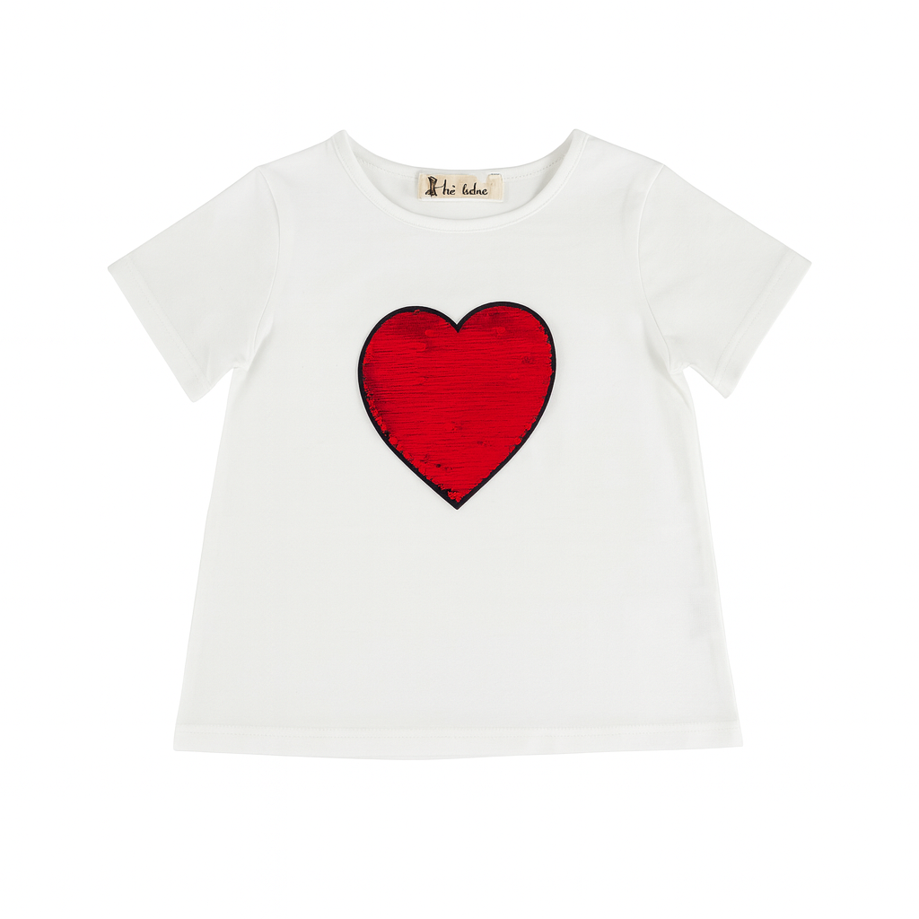 White Knit Tee Heart Sequined Patch بلوزة لون أبيض