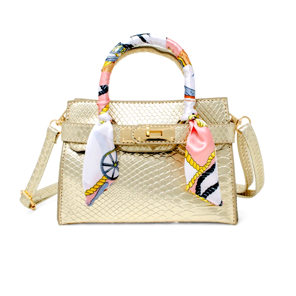 Croco Scarf Handbag Gold حقيبة يد