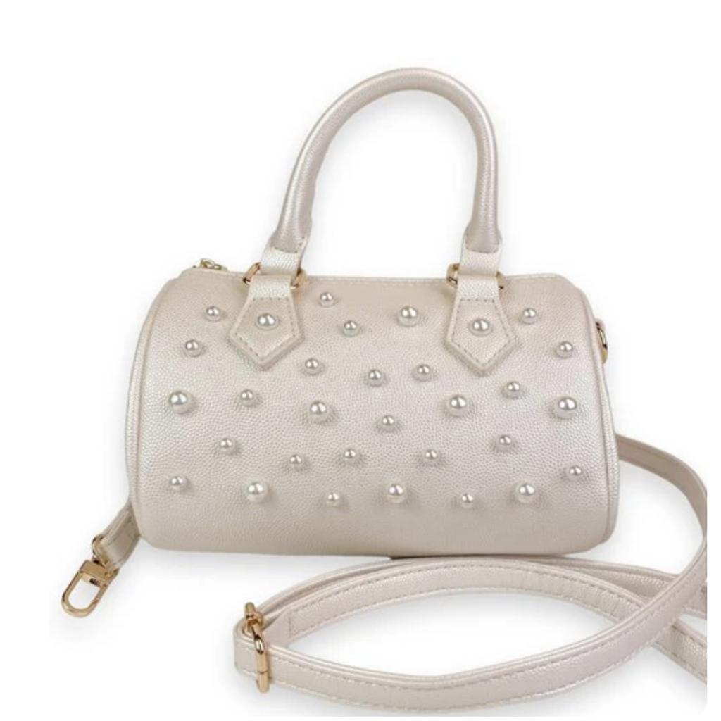 White Pearl Studs Leather Barrel Bag حقيبة لون أبيض