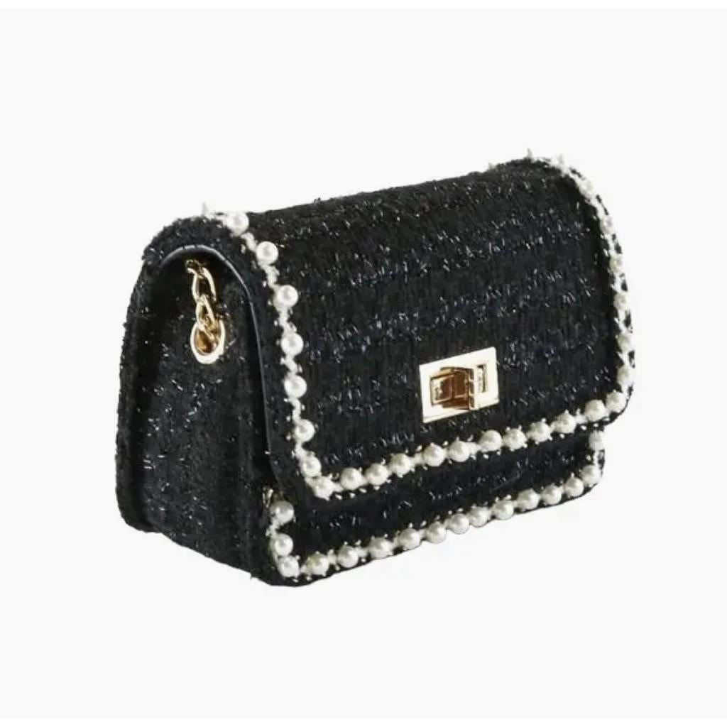 Black Pearl Trim Tweed Purse حقيبة لون أسود