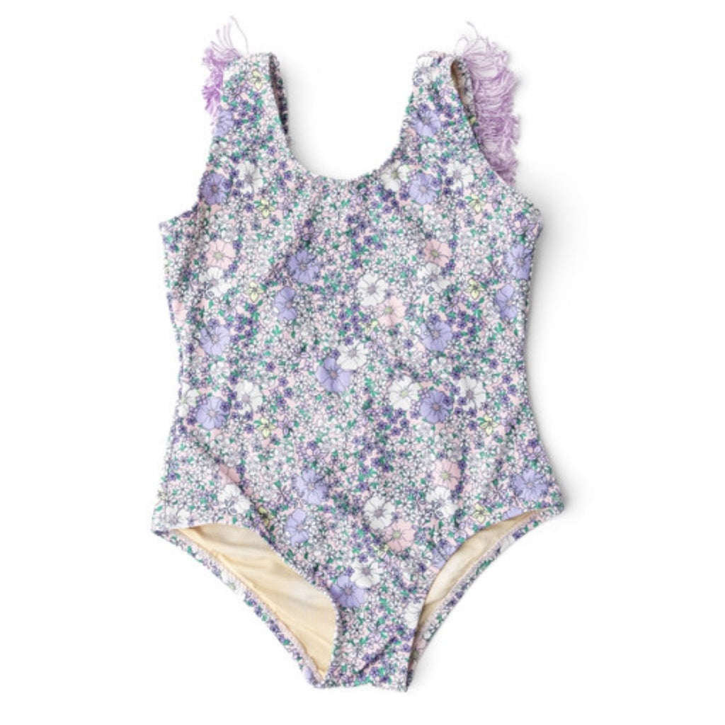 Flower Power Purple Fringe Back Swimsuit & Skirt Set طقم ملابس سباحة