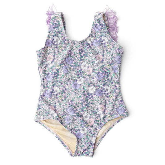 Flower Power Purple Fringe Back Swimsuit & Skirt Set طقم ملابس سباحة