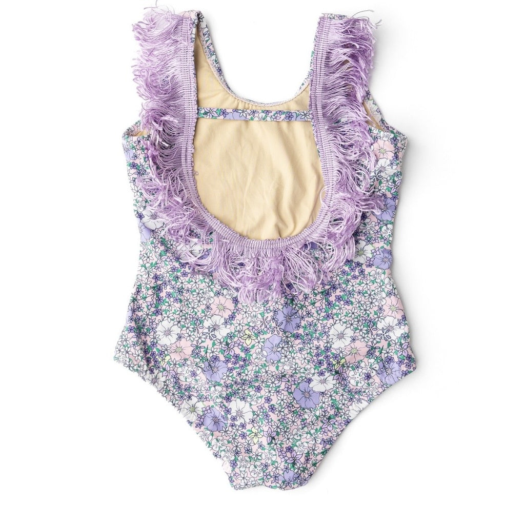 Flower Power Purple Fringe Back Swimsuit & Skirt Set طقم ملابس سباحة