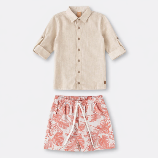 Conjunto Beige Red Set طقم قميص وشورت