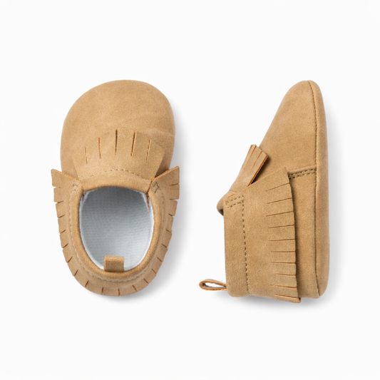 Tan Faux Leather Fring Shoes حذاء مواليد لون بيج