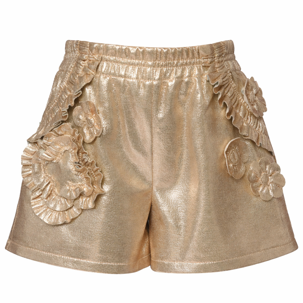 GOLD METALLIC VEGAN LEATHER SHORTS w/ FRILLS شورت لون ذهبي