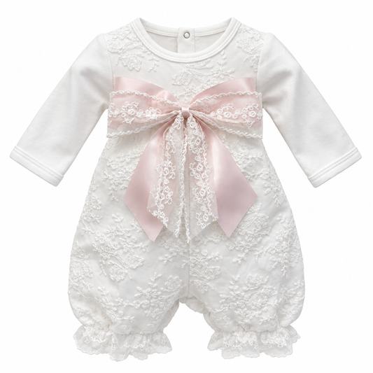 Ivory L/S pink bow lace romper طقم مواليد