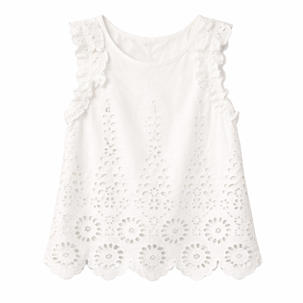RUFFLE SLEEVELESS EYELET TOP بلزة لون أبيض