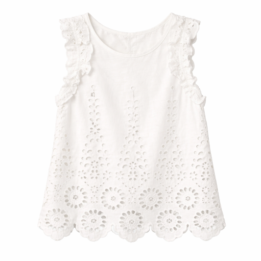 RUFFLE SLEEVELESS EYELET TOP بلزة لون أبيض