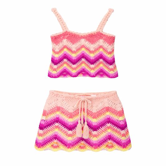 Blooming Peach Zigzag Top & Skirt Set طقم ملون
