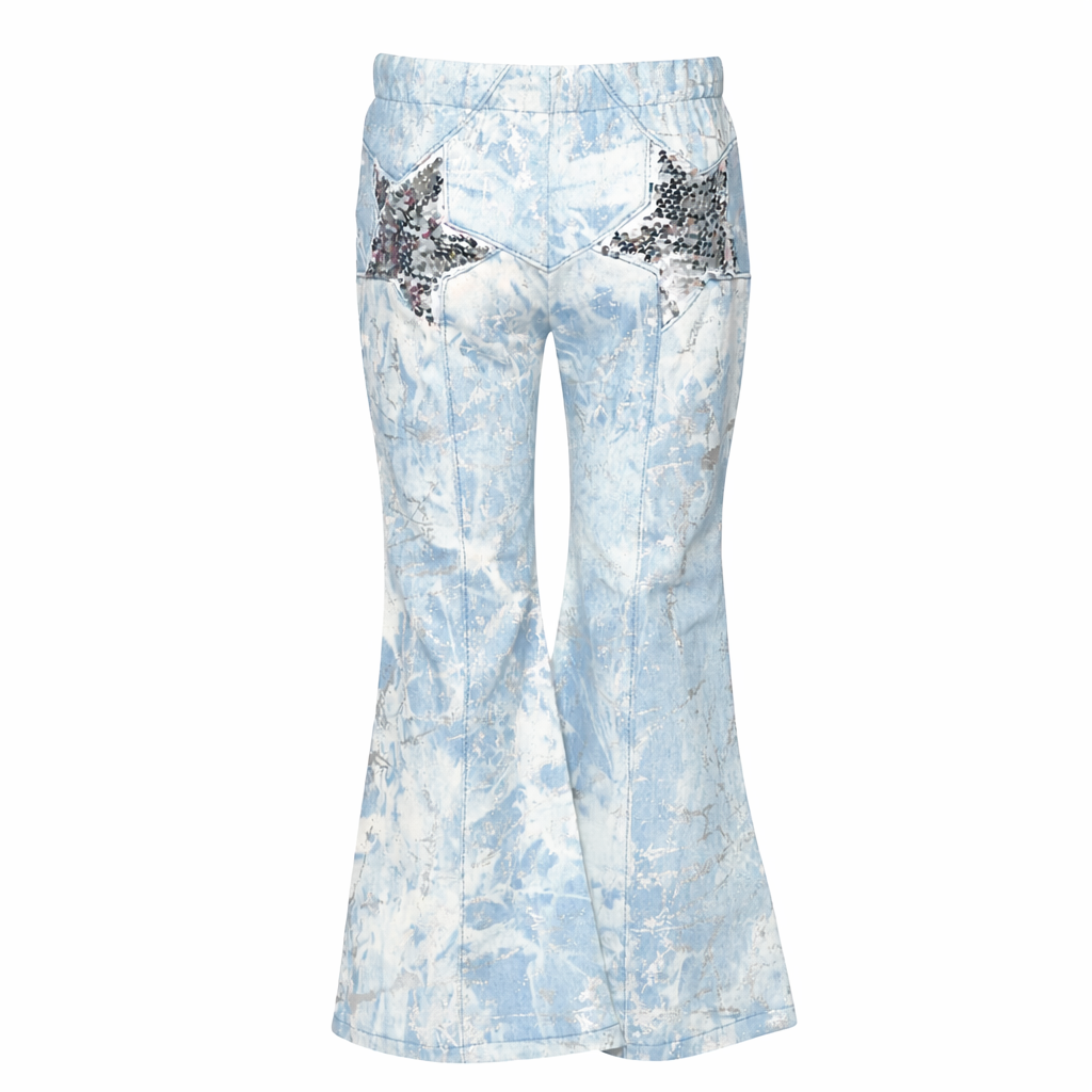 BLUE METALLIC PRINT DENIM BELL BOTTOM PANTS w/ SEQUIN بنطلون جينز