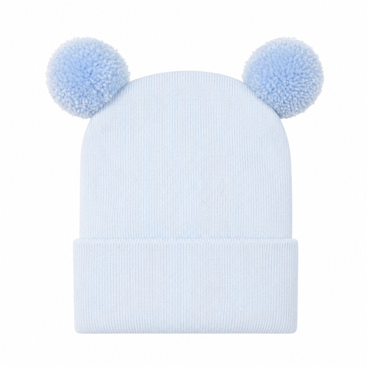 Solid Blue Double Pom Pom قبعة مواليد