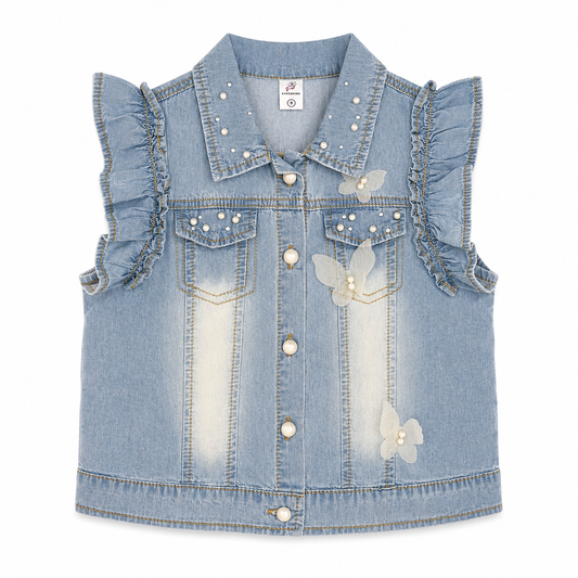 Pearl Detail Sleeveless Denim Vest