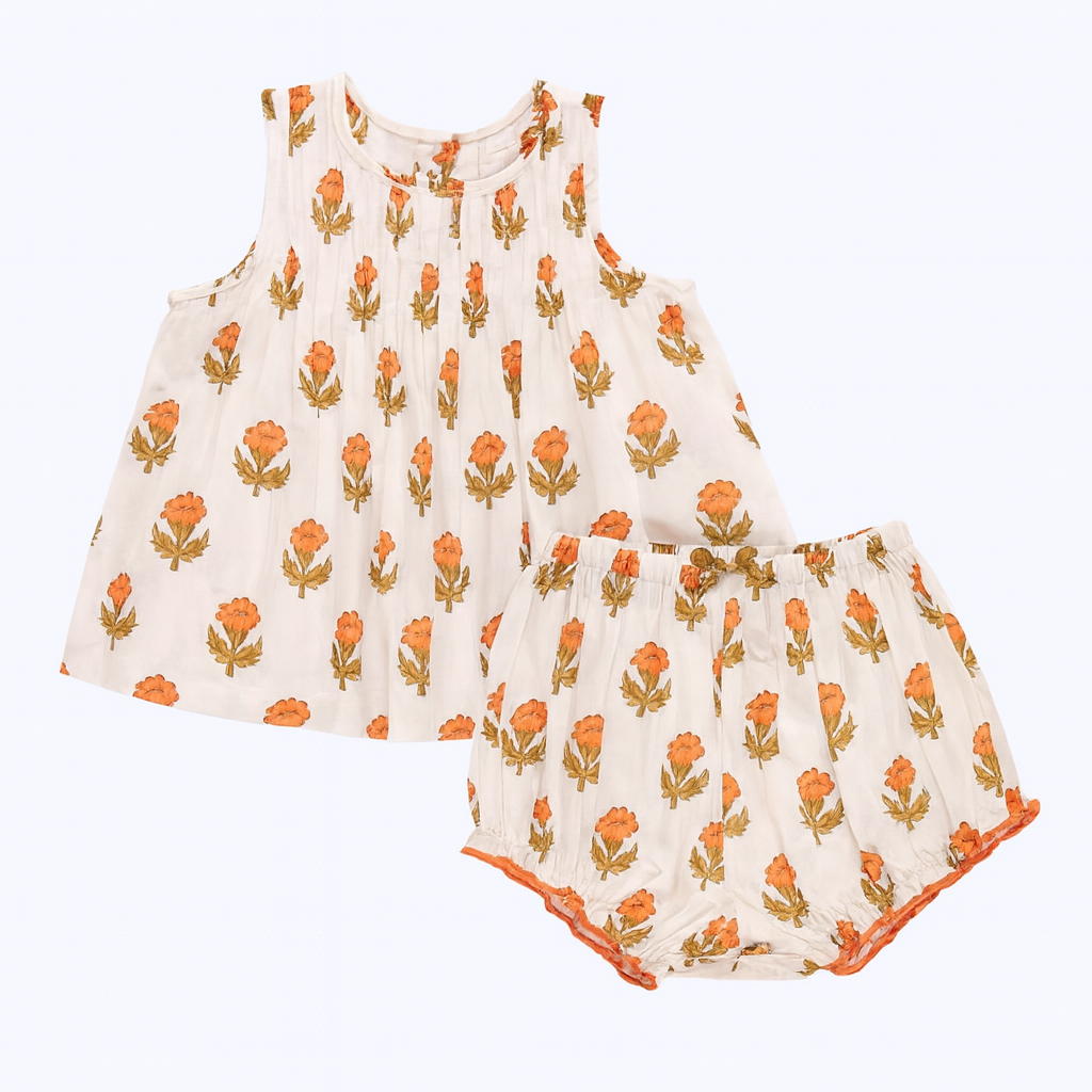 Baby Girls Jaipur Set-Orange Bud & Hat طقم بلوزة وشورت وقبعة