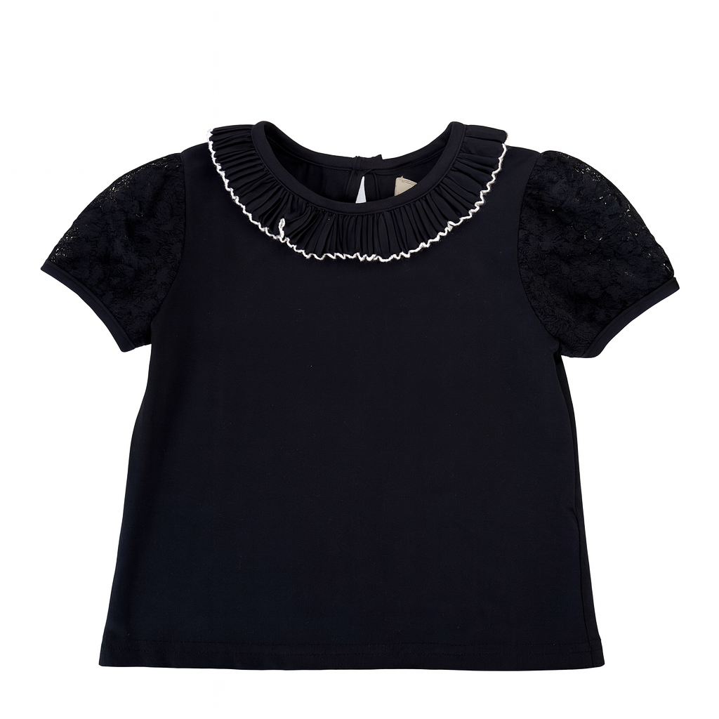 Black Lace Puff Sleeve Pleat Tee بلوزة لون أسود