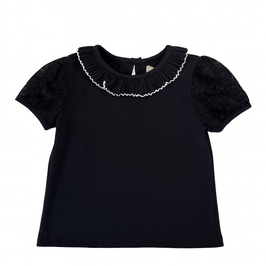 Black Lace Puff Sleeve Pleat Tee بلوزة لون أسود