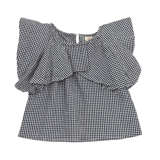 Black Slvls Rose Putt Ruffle Cheacked Top بلوزة لون أسود و أبيض