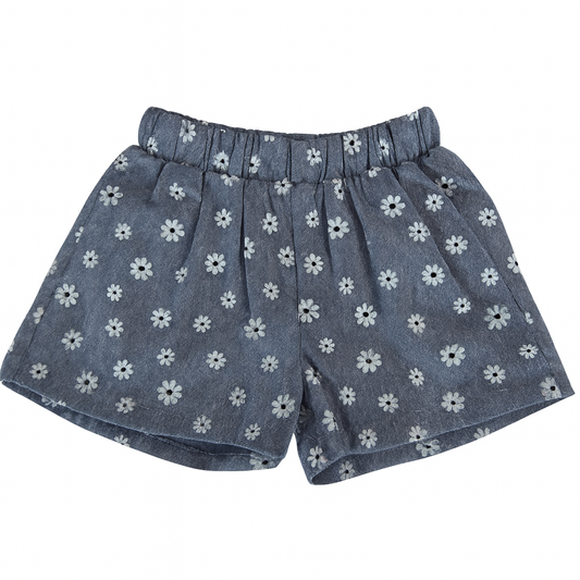 Blue Elastic Waist Daisy Print Shortشورت جينز مع طبعات ورد