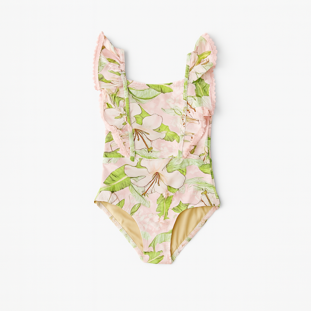 Ruffle Shoulder Hibiscus Pink Botanical Swimsuit ملابس سباحة