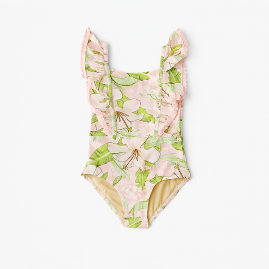 Ruffle Shoulder Hibiscus Pink Botanical Swimsuit ملابس سباحة