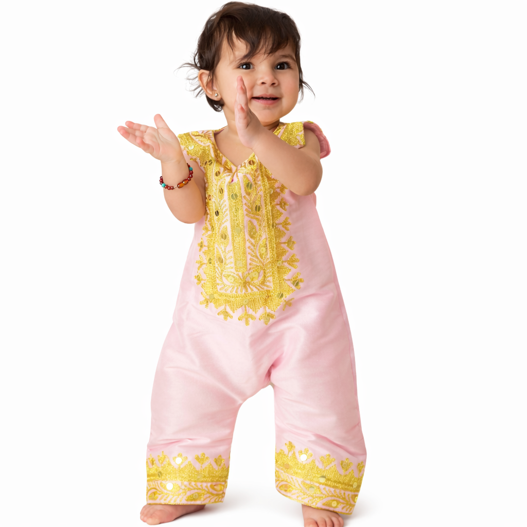 Pink Jacquard Gold Zari Sleeveless Jumpsuit جمبسوت لون وردي