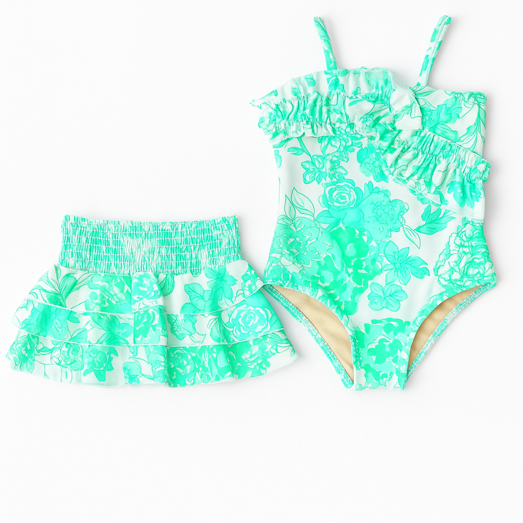 Ruffle Charming Rose Swimsuit & Skirt Set طقم ملابس سباحة