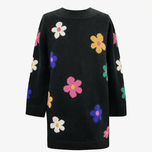 SWEATER DRESS WITH COLORFUL FLOWER فستان لون أسود