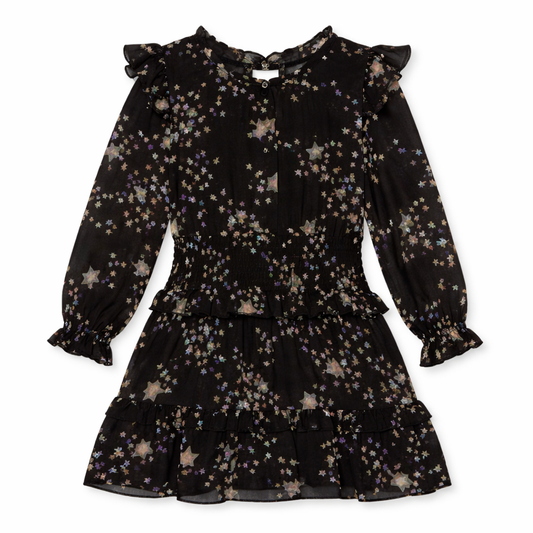 BLACK L/S STAR PRINTED DRESS فستان أسود
