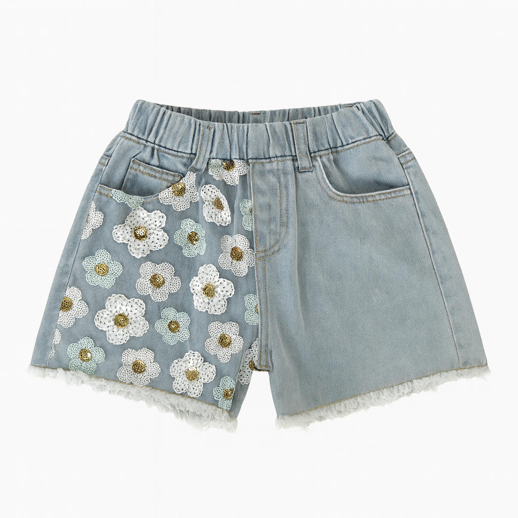 Denim Short with Embo Flowers شورت جينز