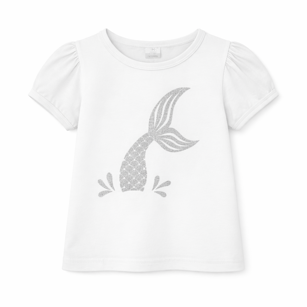 S/S Puff Tee White Mermaid Tail Glitter Silver بلوزه بنت