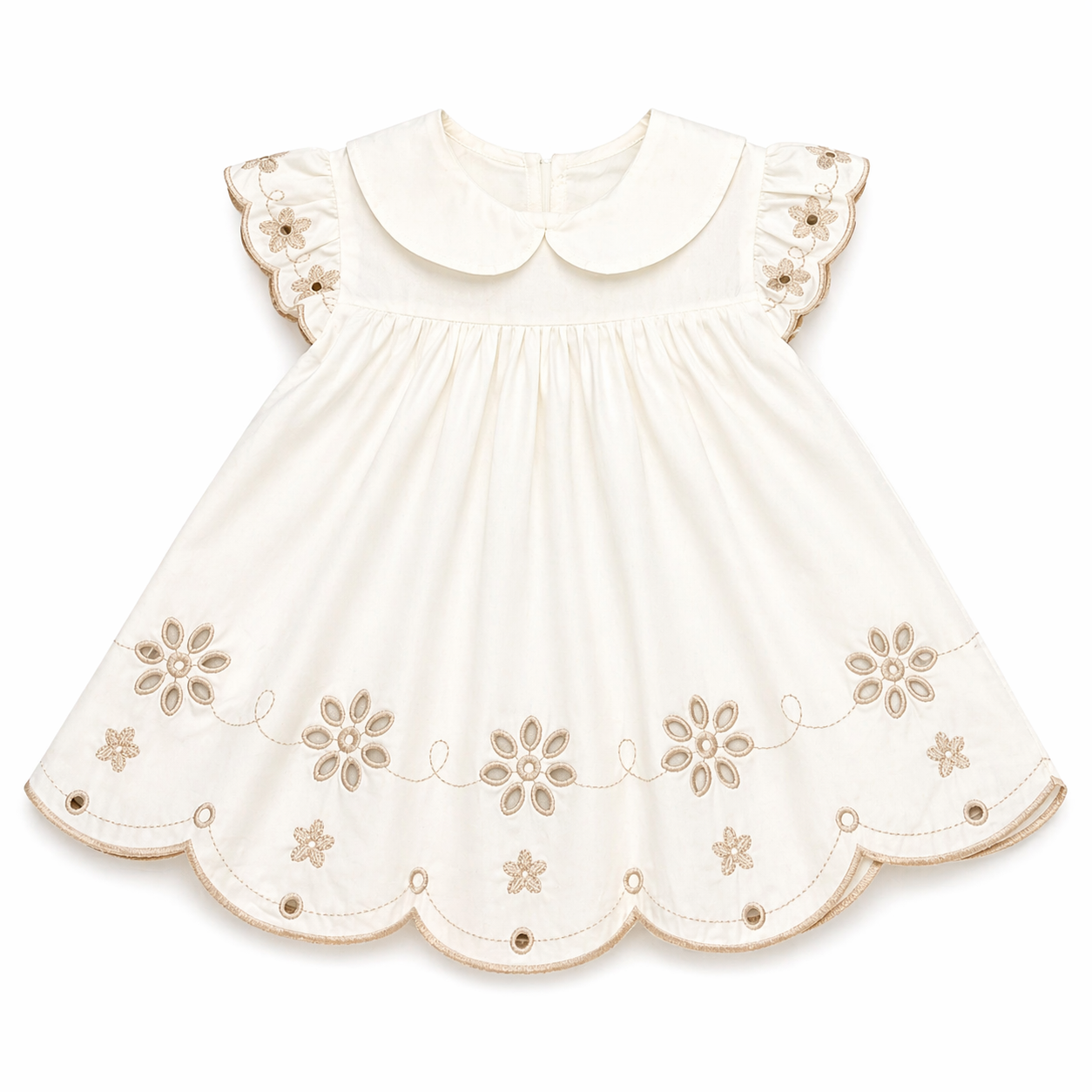 White dress with biege embroidrey Flowers فستان مولوده