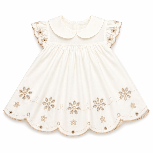 White dress with biege embroidrey Flowers فستان مولوده
