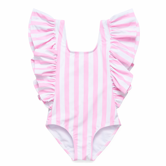 Pink Stripe Wide Frill Swimsuit ملابس سباحة لون وردي