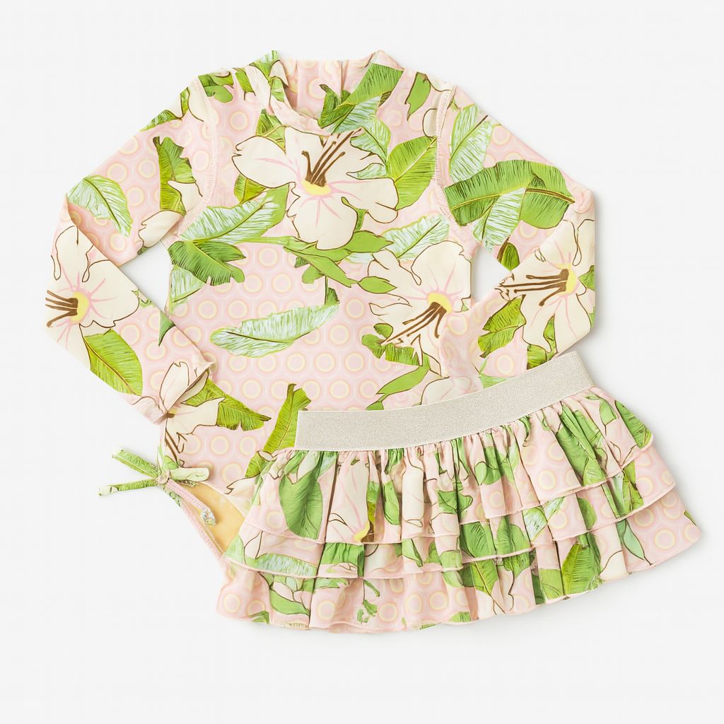 Hibiscus Botanical Pink Girls L/S  & Tutu Swimsuit Set طقم ملابس سباحة