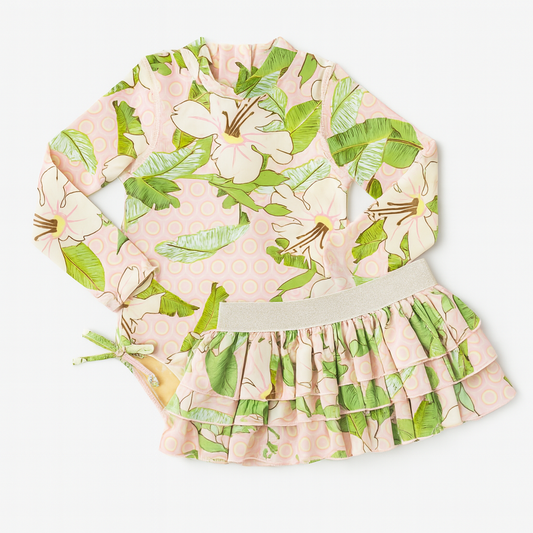 Hibiscus Botanical Pink Girls L/S  & Tutu Swimsuit Set طقم ملابس سباحة